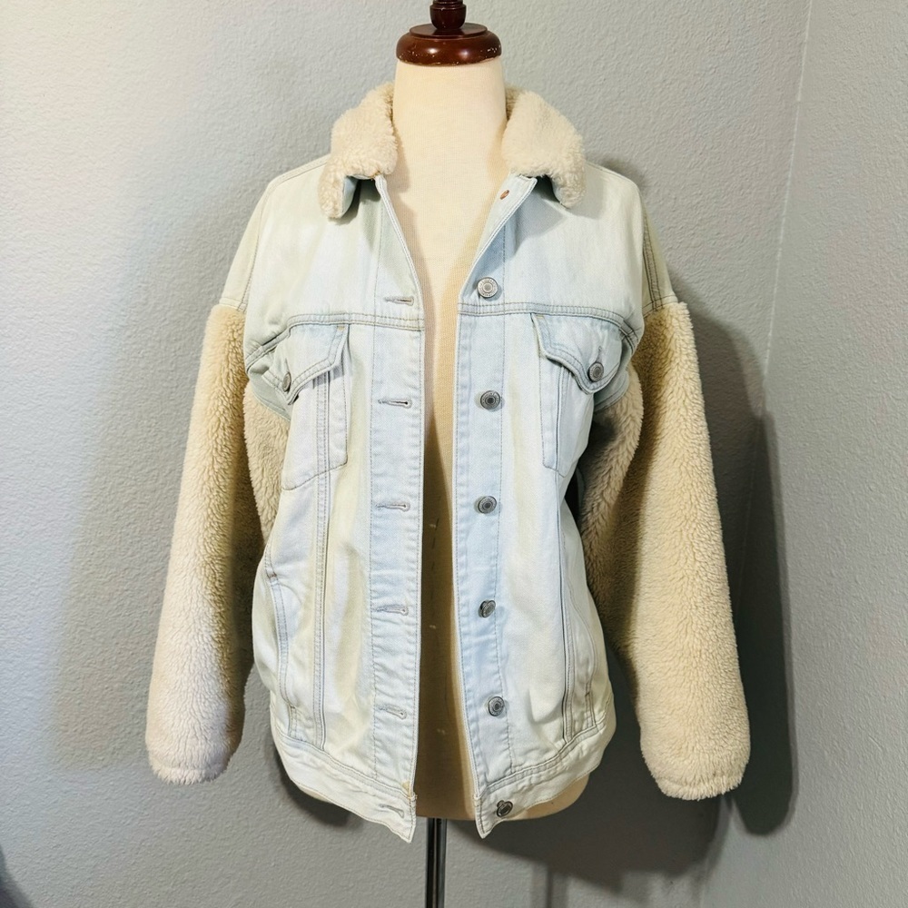 American Eagle Women Sherpa Sleeve Collared Denim‎ Winter Jacket Sz S